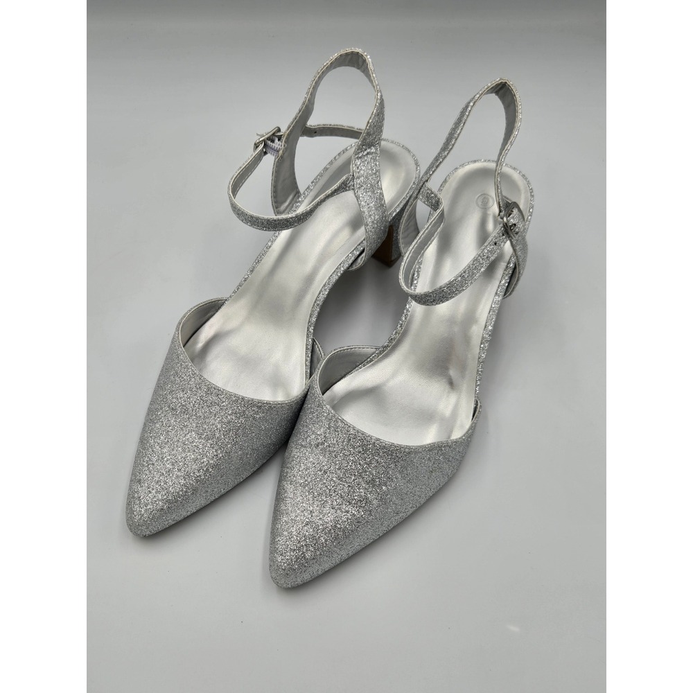 MYSOFT Womens Size 9 Silver Glitter Pointed Toe Block‎ Heel Ankle Strap Pumps